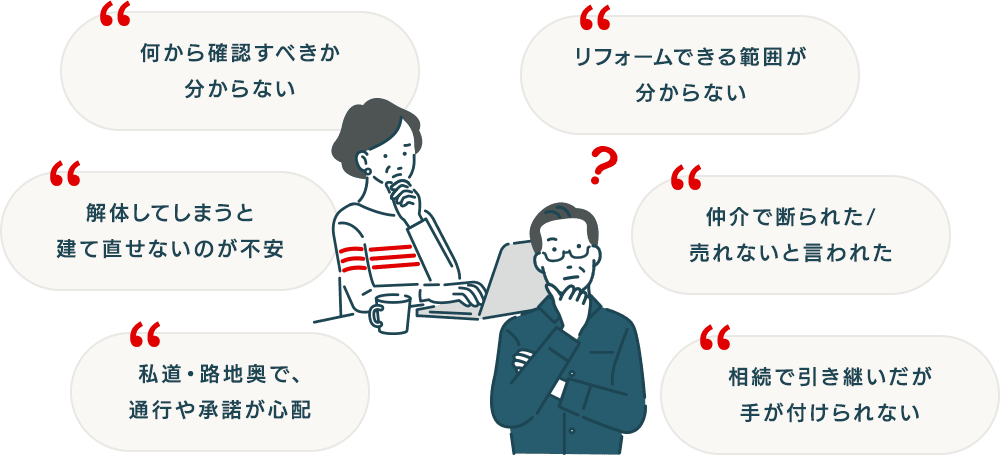 何から確認すべきか分からない/解体してしまうと建て直せないのが不安/私道・路地奥で、通行や承諾が心配/リフォームできる範囲が分からない/仲介で断られた／売れないと言われた/相続で引き継いだが手が付けられない